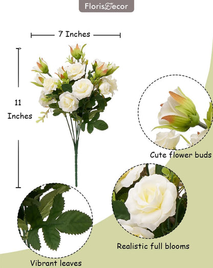 Small White Mini Roses Bouquet, Realistic Creamy White Flowers, Faux Wildflowers Bush for Decoration, Perfect for Weddings and Parties, 11'', Set of 4