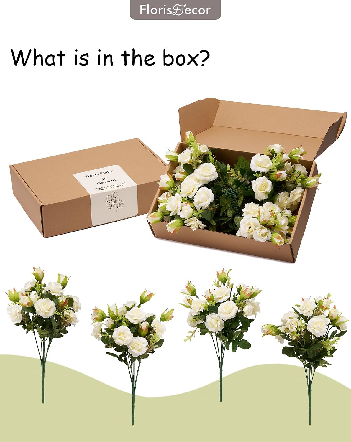 Small White Mini Roses Bouquet, Realistic Creamy White Flowers, Faux Wildflowers Bush for Decoration, Perfect for Weddings and Parties, 11'', Set of 4
