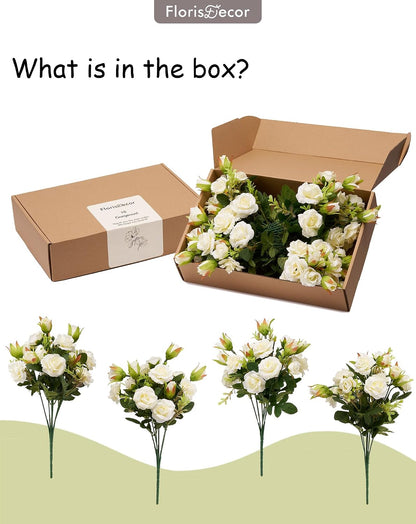 Small White Mini Roses Bouquet, Realistic Creamy White Flowers, Faux Wildflowers Bush for Decoration, Perfect for Weddings and Parties, 11'', Set of 4