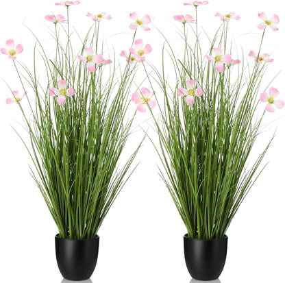 2 Pack 3ft/35inch Artificial Grass Plant Outdoor Artificial Greenery Grass in Pot with Fake Purple Hydrangea for Spring Room Office Indoor Outdoor Decor Housewarming Gifts