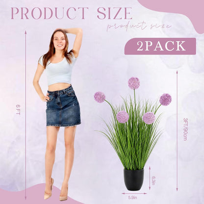 2 Pack 3ft/35inch Artificial Grass Plant Outdoor Artificial Greenery Grass in Pot with Fake Purple Hydrangea for Spring Room Office Indoor Outdoor Decor Housewarming Gifts
