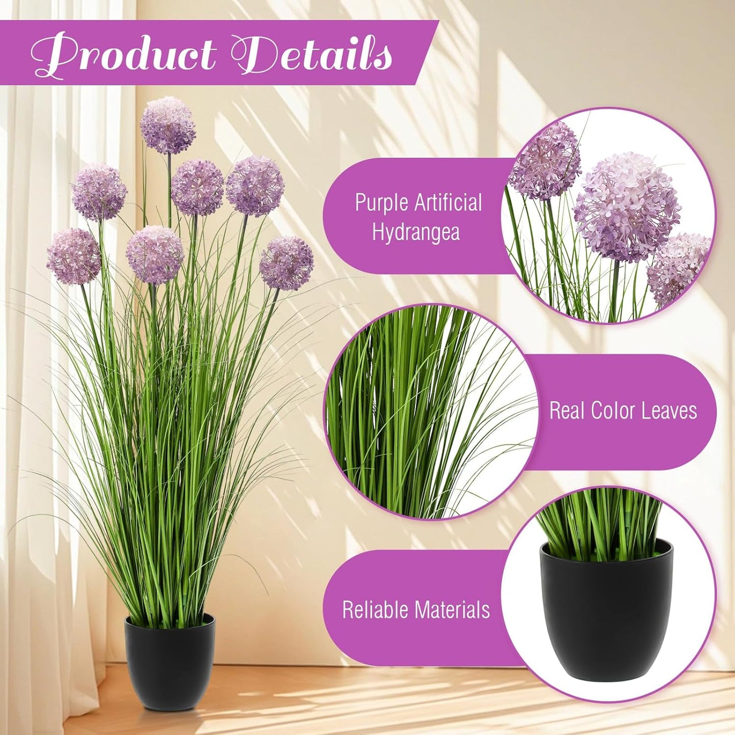 2 Pack 3ft/35inch Artificial Grass Plant Outdoor Artificial Greenery Grass in Pot with Fake Purple Hydrangea for Spring Room Office Indoor Outdoor Decor Housewarming Gifts