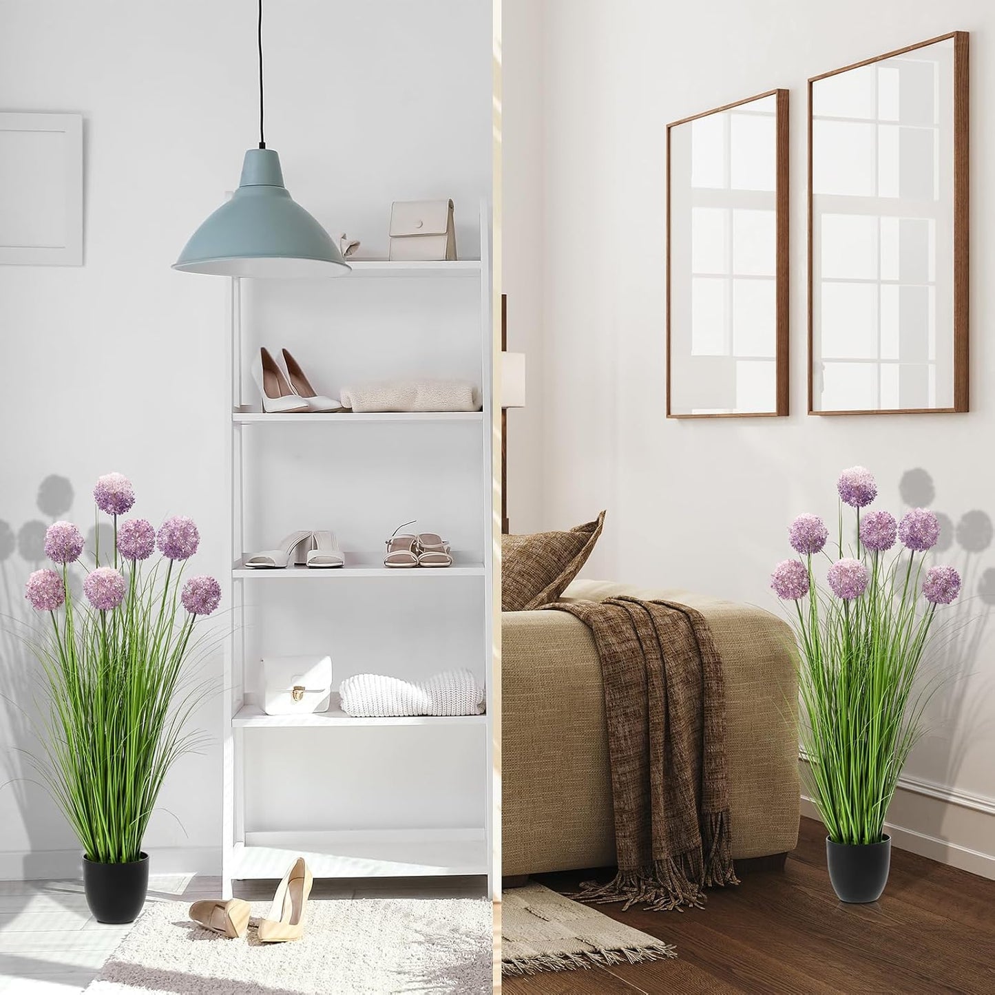 2 Pack 3ft/35inch Artificial Grass Plant Outdoor Artificial Greenery Grass in Pot with Fake Purple Hydrangea for Spring Room Office Indoor Outdoor Decor Housewarming Gifts