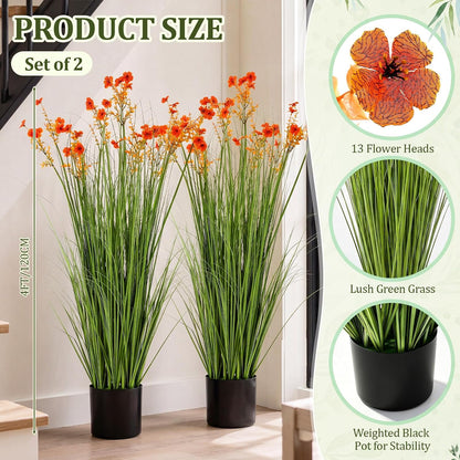 2 Pack 3ft/35inch Artificial Grass Plant Outdoor Artificial Greenery Grass in Pot with Fake Purple Hydrangea for Spring Room Office Indoor Outdoor Decor Housewarming Gifts