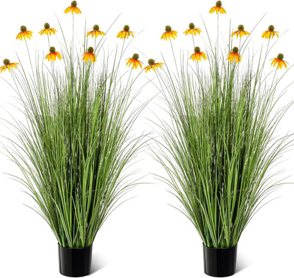 2 Pack 3ft/35inch Artificial Grass Plant Outdoor Artificial Greenery Grass in Pot with Fake Purple Hydrangea for Spring Room Office Indoor Outdoor Decor Housewarming Gifts