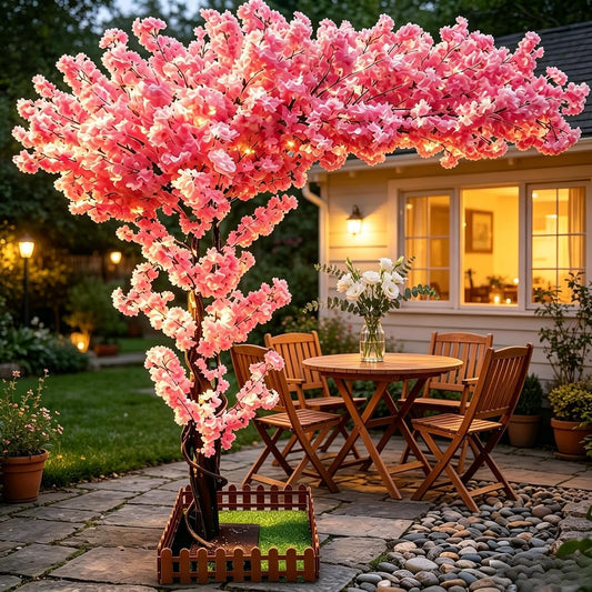 8.2FT Pink Artificial Cherry Blossom Tree with 1200+ Dense Silk Flowers, Realistic Wood Trunk Fake Sakura Floor Plant, Tall Indoor Outdoor Decor for Living Room Wedding Venue Hotel Home Office