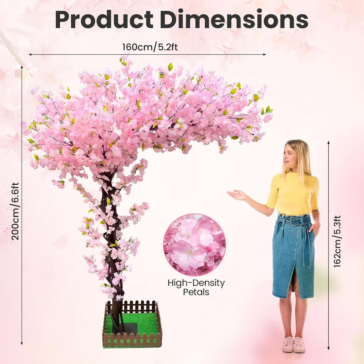 8.2FT Pink Artificial Cherry Blossom Tree with 1200+ Dense Silk Flowers, Realistic Wood Trunk Fake Sakura Floor Plant, Tall Indoor Outdoor Decor for Living Room Wedding Venue Hotel Home Office