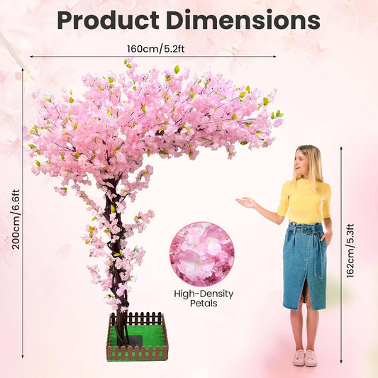 8.2FT Pink Artificial Cherry Blossom Tree with 1200+ Dense Silk Flowers, Realistic Wood Trunk Fake Sakura Floor Plant, Tall Indoor Outdoor Decor for Living Room Wedding Venue Hotel Home Office