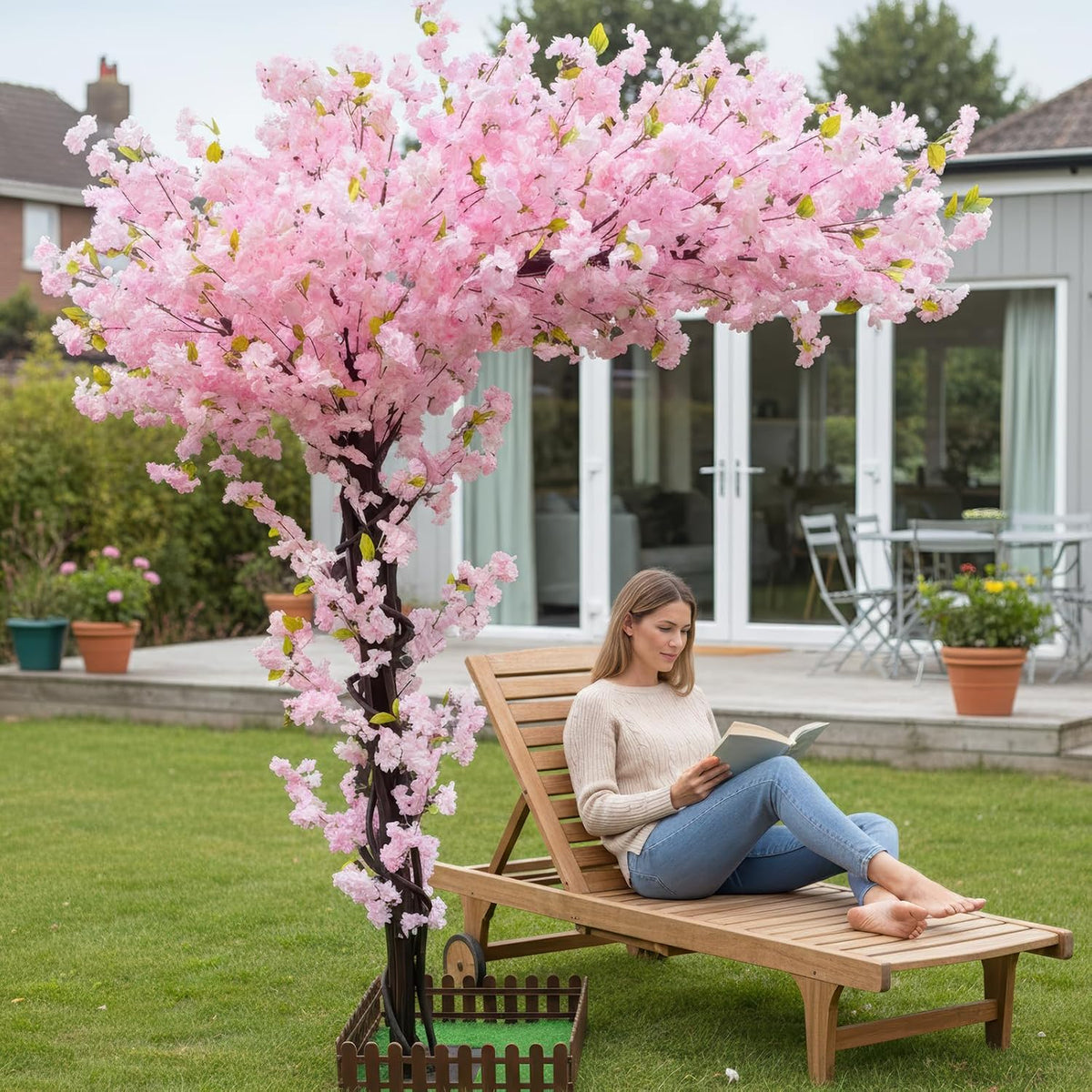8.2FT Pink Artificial Cherry Blossom Tree with 1200+ Dense Silk Flowers, Realistic Wood Trunk Fake Sakura Floor Plant, Tall Indoor Outdoor Decor for Living Room Wedding Venue Hotel Home Office