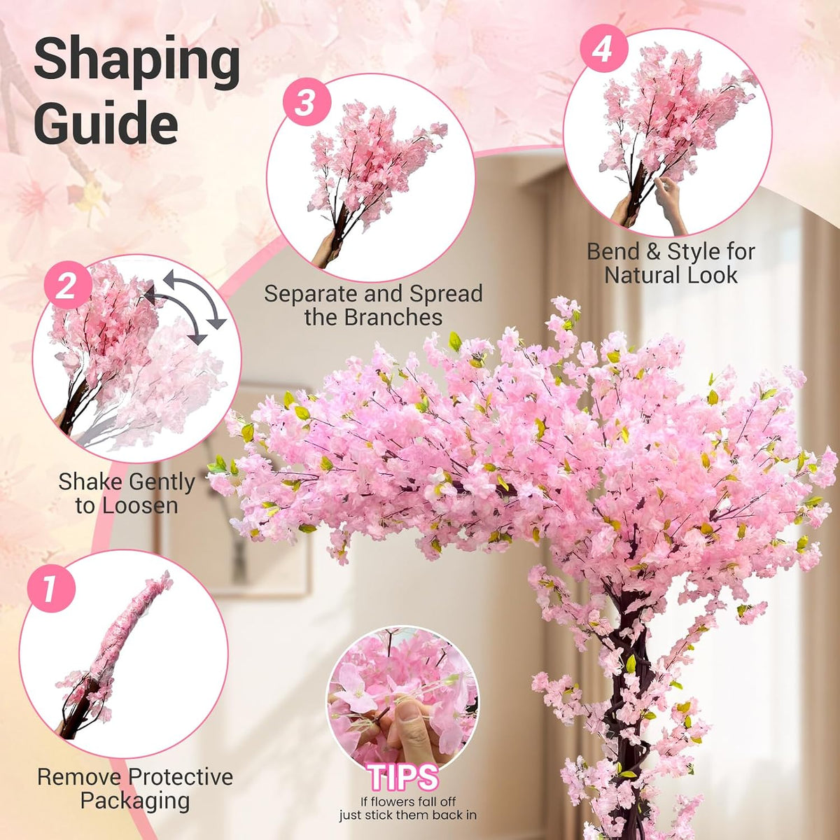 8.2FT Pink Artificial Cherry Blossom Tree with 1200+ Dense Silk Flowers, Realistic Wood Trunk Fake Sakura Floor Plant, Tall Indoor Outdoor Decor for Living Room Wedding Venue Hotel Home Office