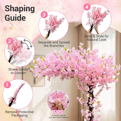 8.2FT Pink Artificial Cherry Blossom Tree with 1200+ Dense Silk Flowers, Realistic Wood Trunk Fake Sakura Floor Plant, Tall Indoor Outdoor Decor for Living Room Wedding Venue Hotel Home Office