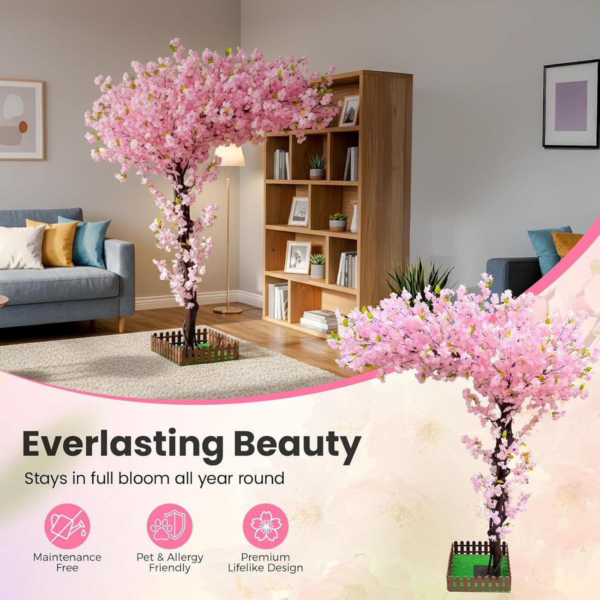 8.2FT Pink Artificial Cherry Blossom Tree with 1200+ Dense Silk Flowers, Realistic Wood Trunk Fake Sakura Floor Plant, Tall Indoor Outdoor Decor for Living Room Wedding Venue Hotel Home Office