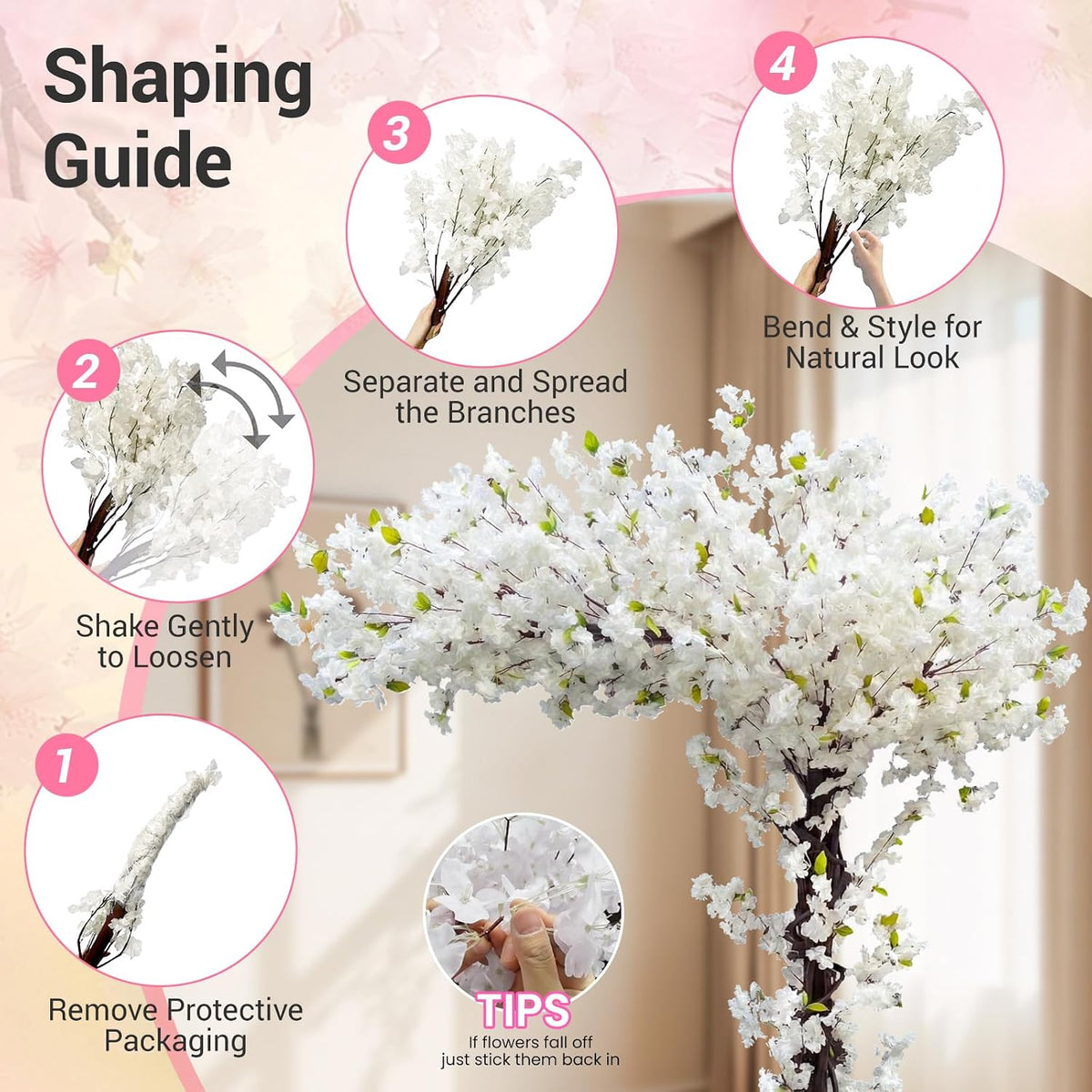 8.2FT Pink Artificial Cherry Blossom Tree with 1200+ Dense Silk Flowers, Realistic Wood Trunk Fake Sakura Floor Plant, Tall Indoor Outdoor Decor for Living Room Wedding Venue Hotel Home Office
