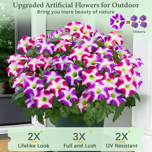 Artificial Flowers for Outdoors, 1 Potted Realistic Fake Outdoor Flowers | UV Resistant Silk Petunia Flower for Outside Look Real Faux Flower Plants in Pot for Porch Garden Decor, 20''