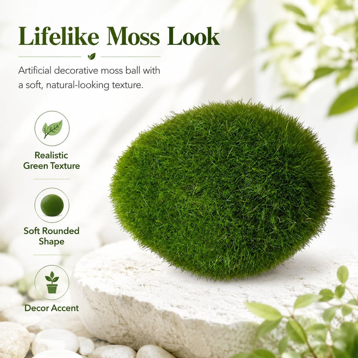 Artificial Moss Balls for Aquarium, Fake Moss Ball Decorative Rocks, Green Moss Covered Stones for Fish Tank Decor, Terrarium, Fairy Garden, Floral Arrangements (Extra Large 3 pcs)