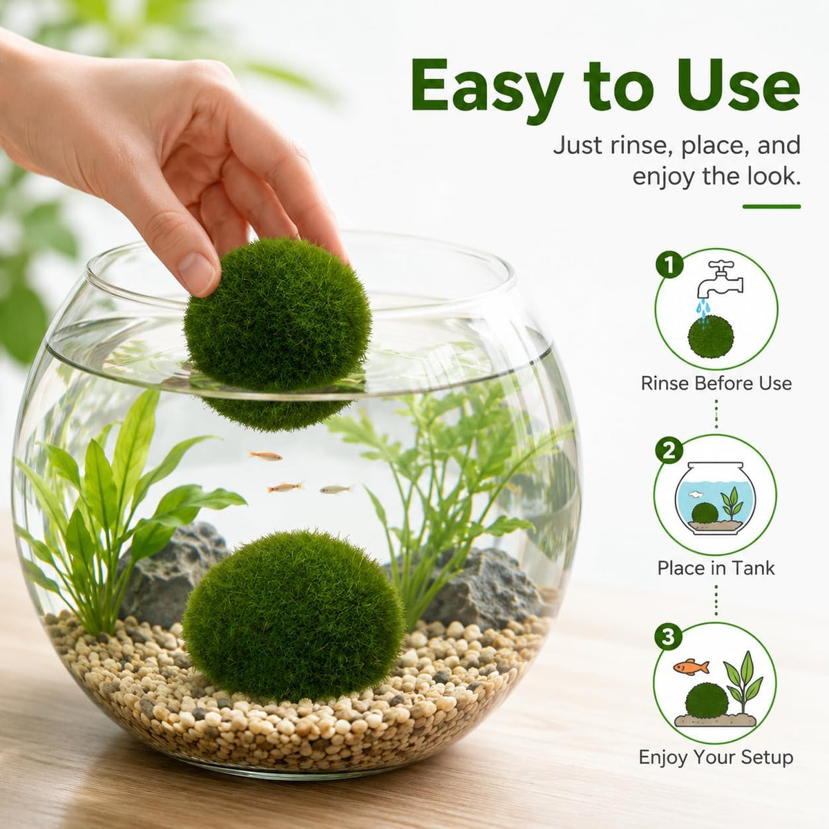 Artificial Moss Balls for Aquarium, Fake Moss Ball Decorative Rocks, Green Moss Covered Stones for Fish Tank Decor, Terrarium, Fairy Garden, Floral Arrangements (Extra Large 3 pcs)