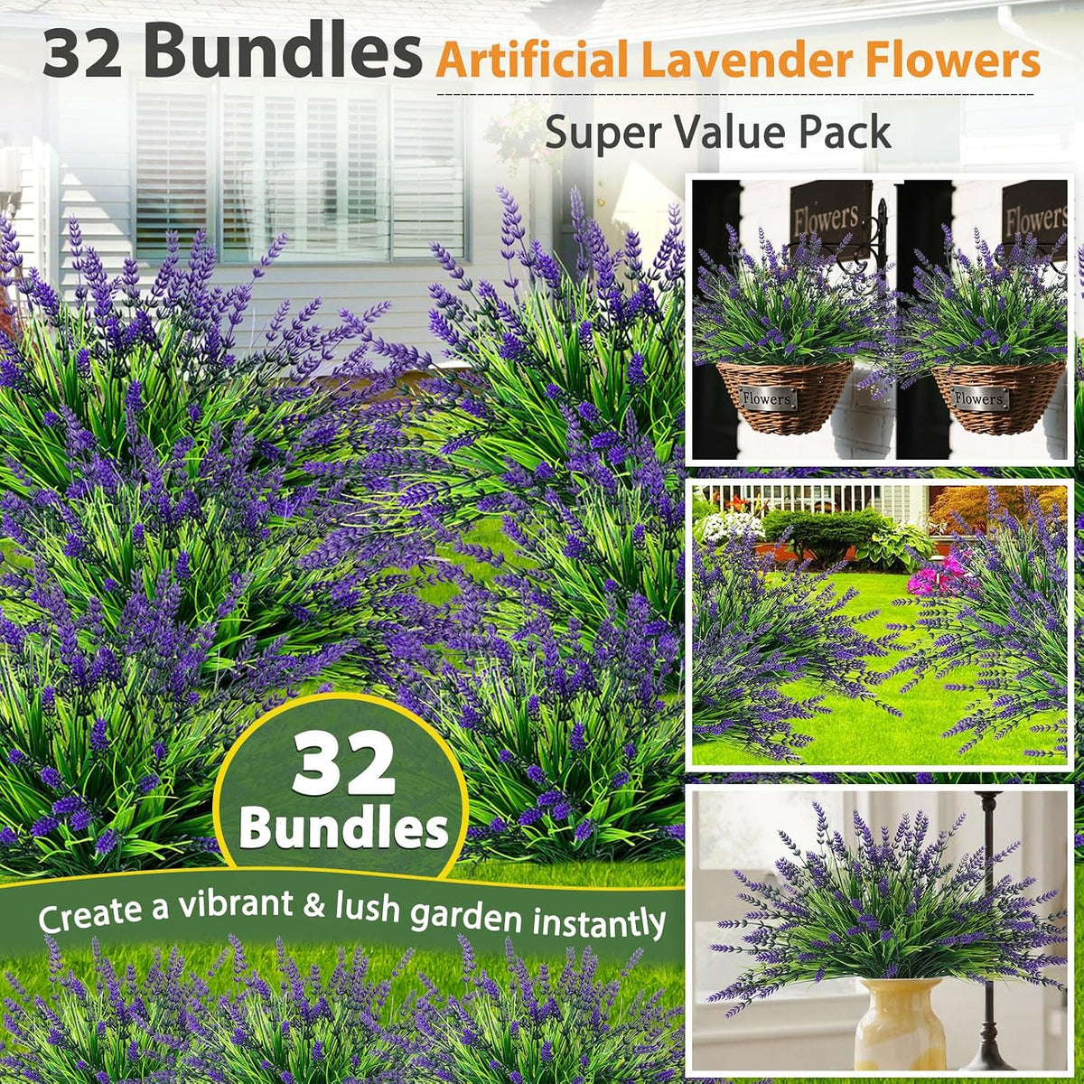 32 Bundles Faux Lavender Plants Outdoor, UV Resistant Fake Lavender Flower