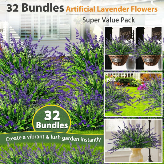 32 Bundles Faux Lavender Plants Outdoor, UV Resistant Fake Lavender Flower