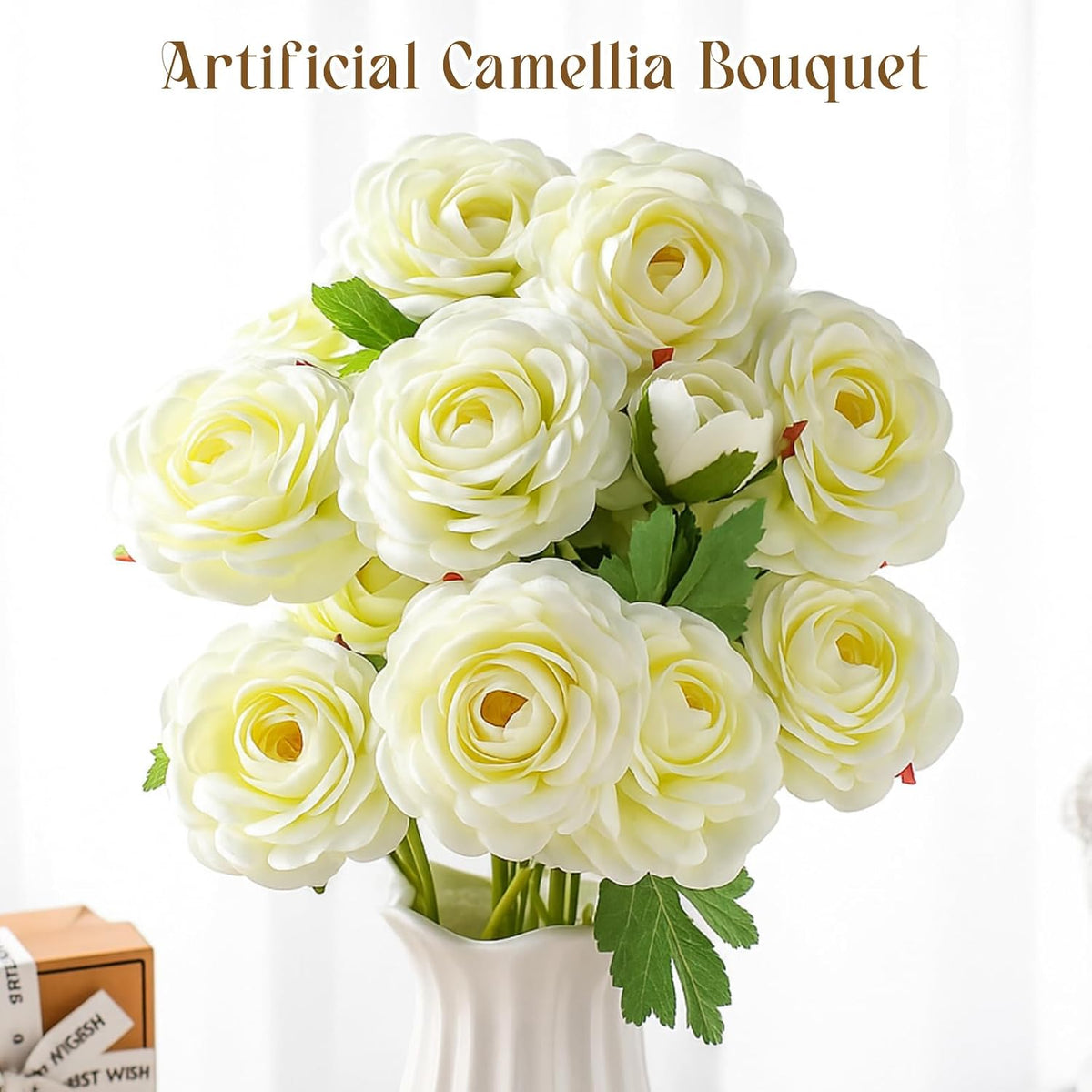 6 Pcs Camellia Artificial Flowers 24.4 Inch White Fake Camellia Flowers with Stems 18 Heads Silk Look Real Artificial Flower for Vase Wedding Floral Arrangement Table Centerpieces Home Decor