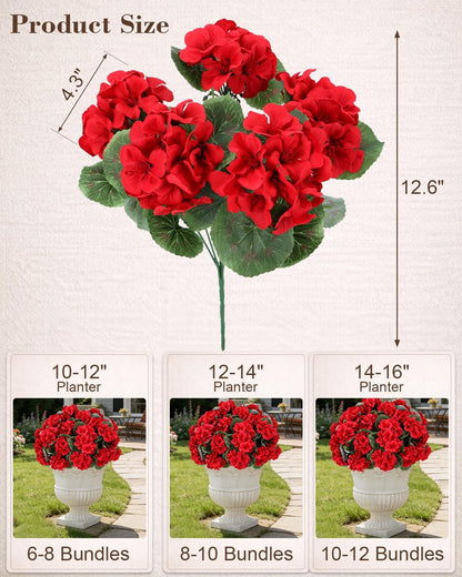 Artificial Flowers for Outdoors – of UV-Resistant Artificial Geraniums, Realistic Silk Flowers for Front Porch, Patio, Garden, Window Boxes & Hanging Baskets (red, 6)