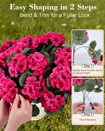 Artificial Flowers for Outdoors – of UV-Resistant Artificial Geraniums, Realistic Silk Flowers for Front Porch, Patio, Garden, Window Boxes & Hanging Baskets (red, 6)