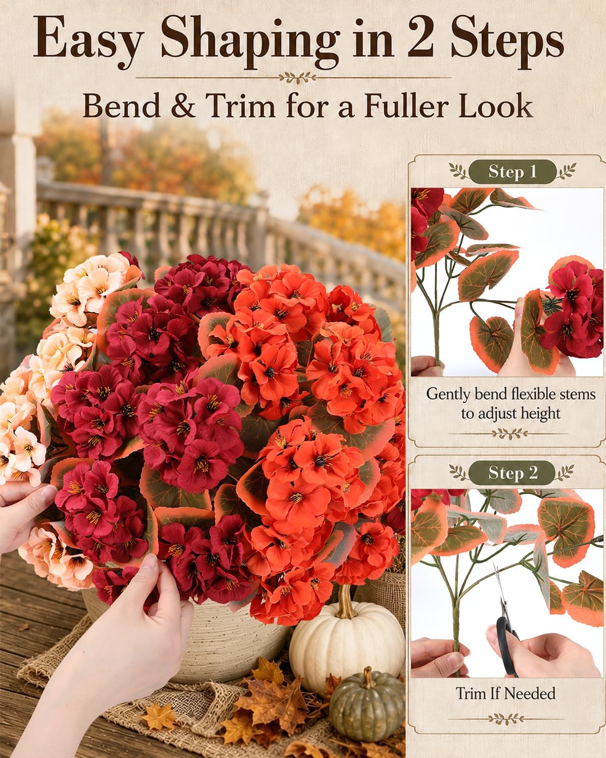 Artificial Flowers for Outdoors – of UV-Resistant Artificial Geraniums, Realistic Silk Flowers for Front Porch, Patio, Garden, Window Boxes & Hanging Baskets (red, 6)