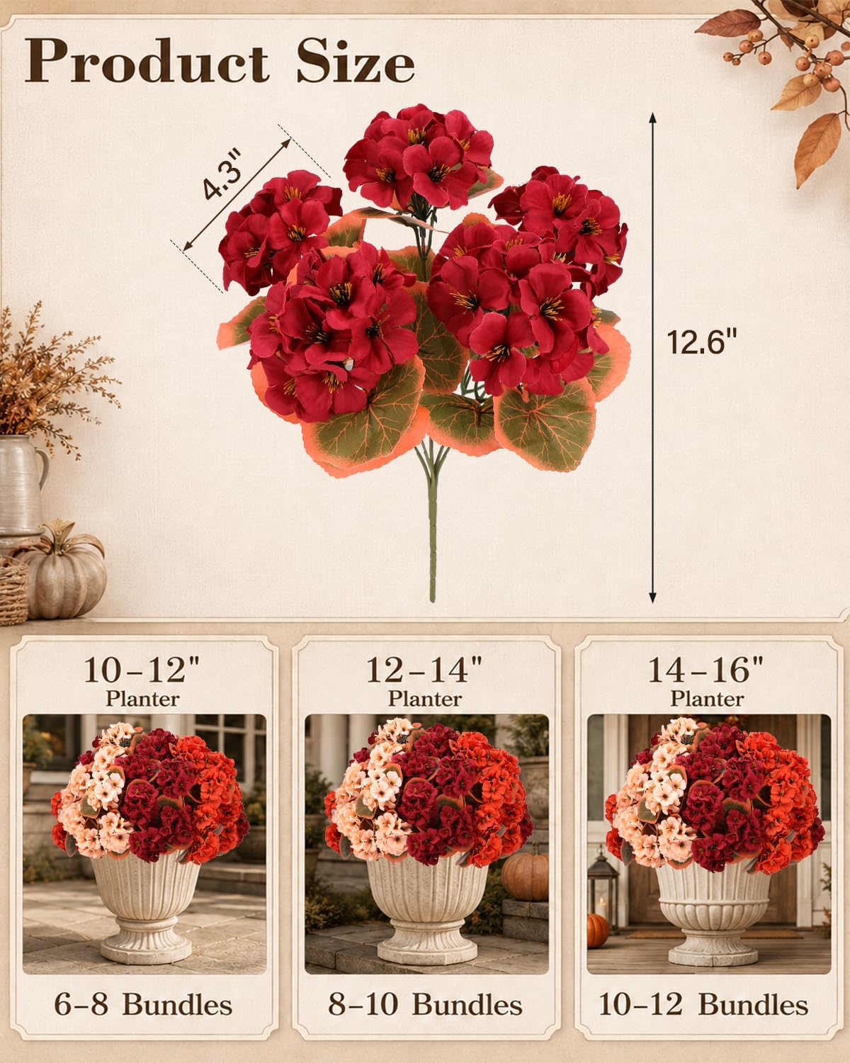 Artificial Flowers for Outdoors – of UV-Resistant Artificial Geraniums, Realistic Silk Flowers for Front Porch, Patio, Garden, Window Boxes & Hanging Baskets (red, 6)