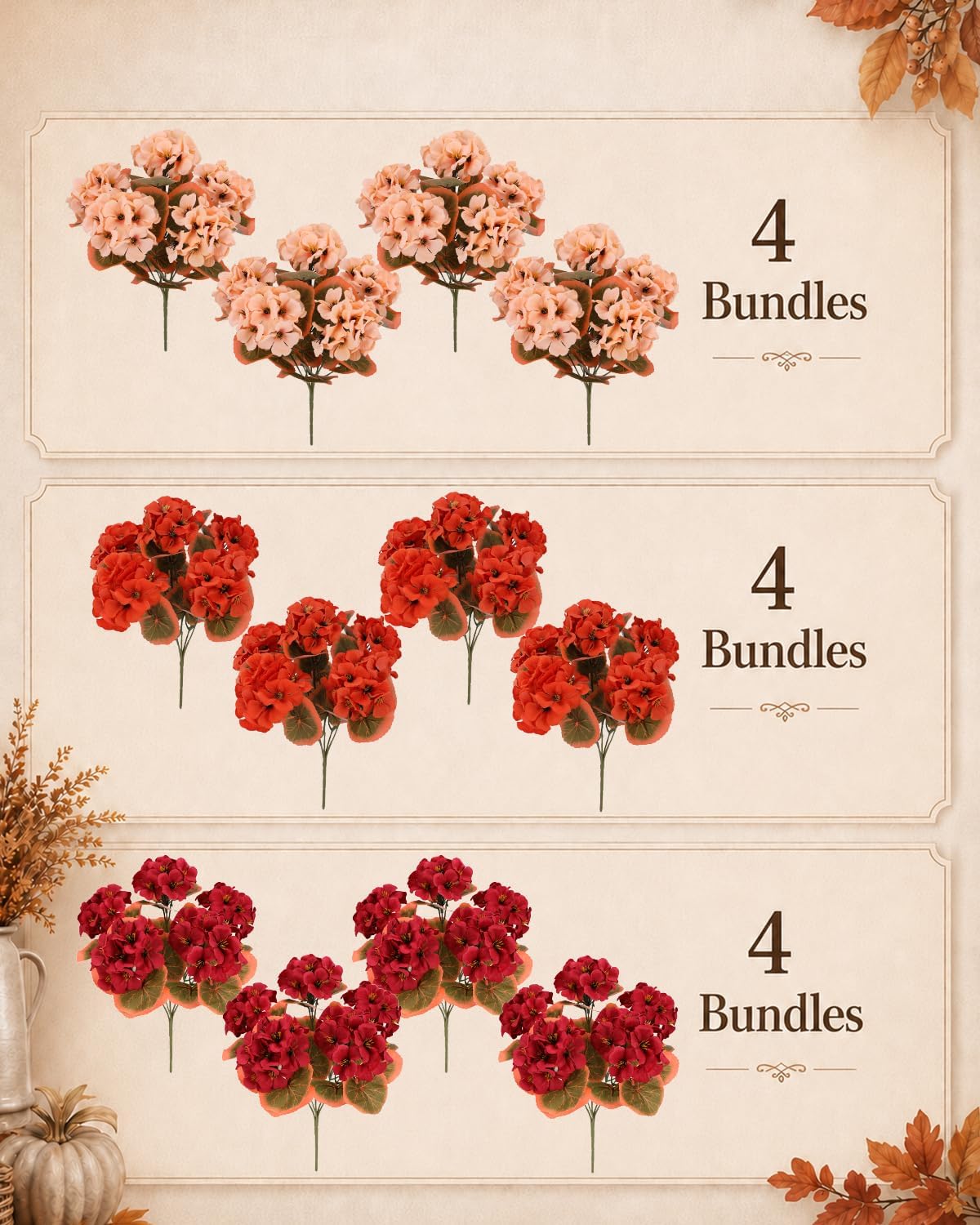 Artificial Flowers for Outdoors – of UV-Resistant Artificial Geraniums, Realistic Silk Flowers for Front Porch, Patio, Garden, Window Boxes & Hanging Baskets (red, 6)
