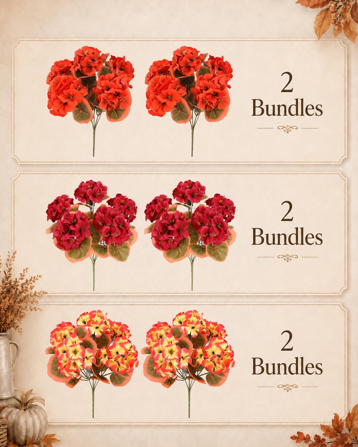 Artificial Flowers for Outdoors – of UV-Resistant Artificial Geraniums, Realistic Silk Flowers for Front Porch, Patio, Garden, Window Boxes & Hanging Baskets (red, 6)