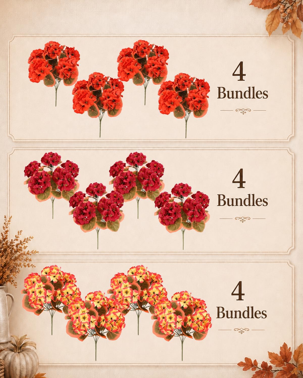 Artificial Flowers for Outdoors – of UV-Resistant Artificial Geraniums, Realistic Silk Flowers for Front Porch, Patio, Garden, Window Boxes & Hanging Baskets (red, 6)