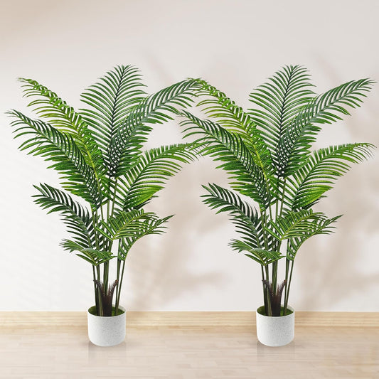 Artificial Palm Tree 4FT, Fake Tree with White Tall Planter 2 Pack, Faux Tropical Areca Floor Plant in Pot, Artificial Silk Plant for Home Office Living Room Decor Indoor