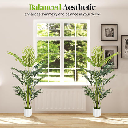 Artificial Palm Tree 4FT, Fake Tree with White Tall Planter 2 Pack, Faux Tropical Areca Floor Plant in Pot, Artificial Silk Plant for Home Office Living Room Decor Indoor