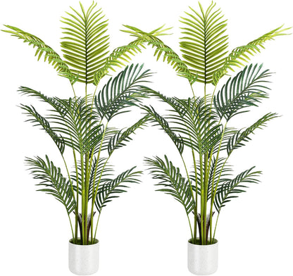 Artificial Palm Tree 4FT, Fake Tree with White Tall Planter 2 Pack, Faux Tropical Areca Floor Plant in Pot, Artificial Silk Plant for Home Office Living Room Decor Indoor