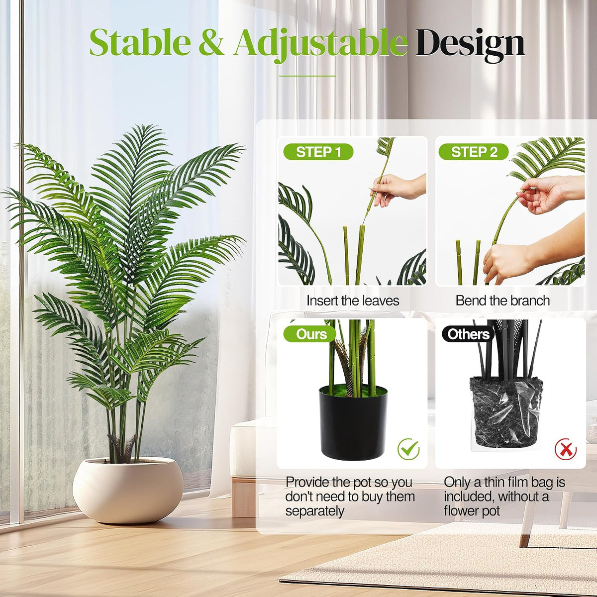 Artificial Palm Tree 4FT, Fake Tree with White Tall Planter 2 Pack, Faux Tropical Areca Floor Plant in Pot, Artificial Silk Plant for Home Office Living Room Decor Indoor