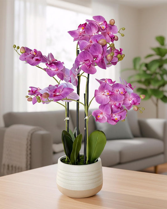 Ultra Realistic Touch 28.5" Artificial Orchid in Pot Luxury Silk Material Fake Purple Phalaenopsis Orchids Look Real Premium Faux Orchid Arrangement with Decorative Vase for Home Office Decor