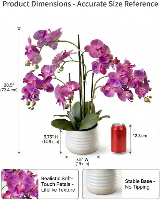 Ultra Realistic Touch 28.5" Artificial Orchid in Pot Luxury Silk Material Fake Purple Phalaenopsis Orchids Look Real Premium Faux Orchid Arrangement with Decorative Vase for Home Office Decor