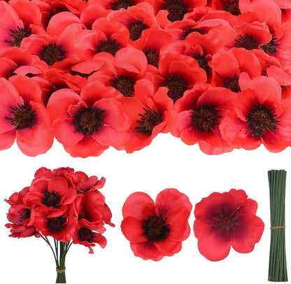 Set of 150 Red Poppy Artificial Flowers Fake Flowers Poppies Head Fake Wildflowers with 6 Inch Flower Branch for Memorial Veterans Day Remembrance Sunday Bouquet Corsages Home Kitchen Decor
