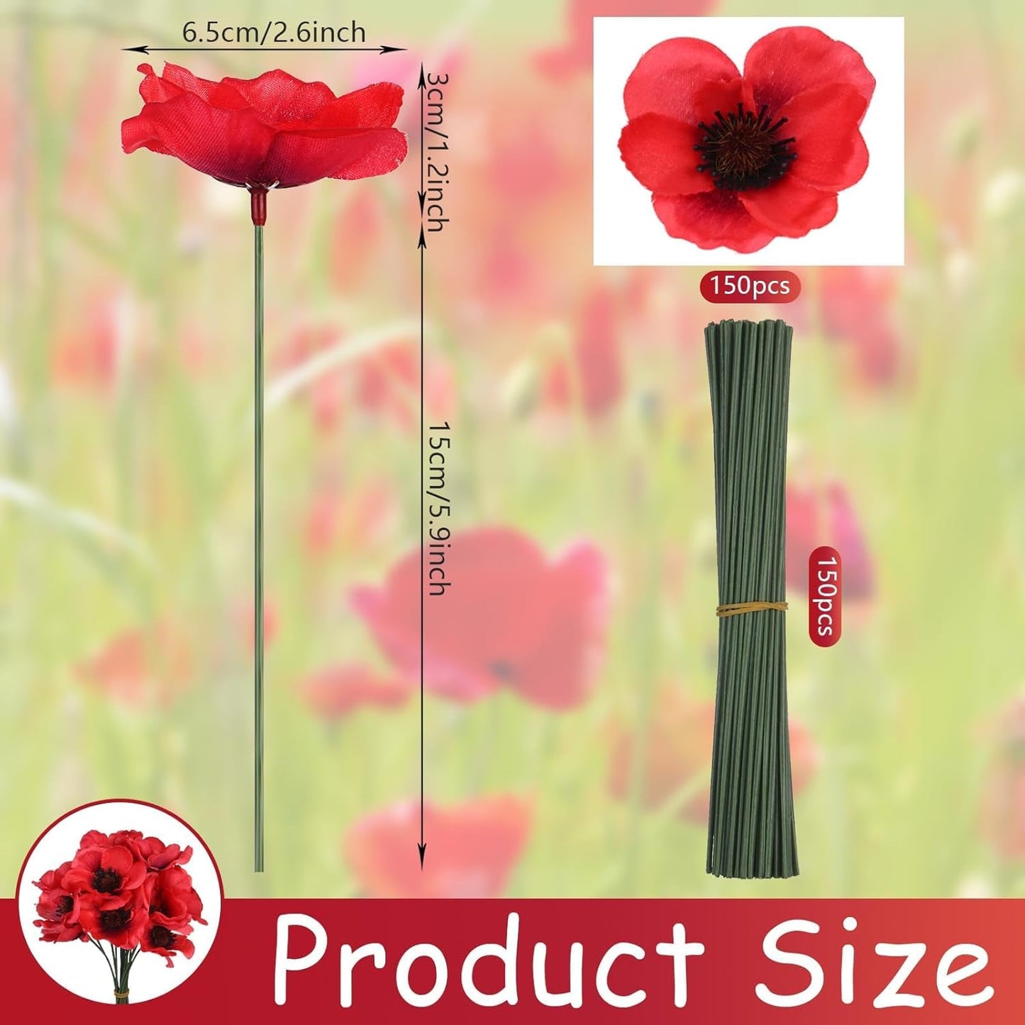 Set of 150 Red Poppy Artificial Flowers Fake Flowers Poppies Head Fake Wildflowers with 6 Inch Flower Branch for Memorial Veterans Day Remembrance Sunday Bouquet Corsages Home Kitchen Decor