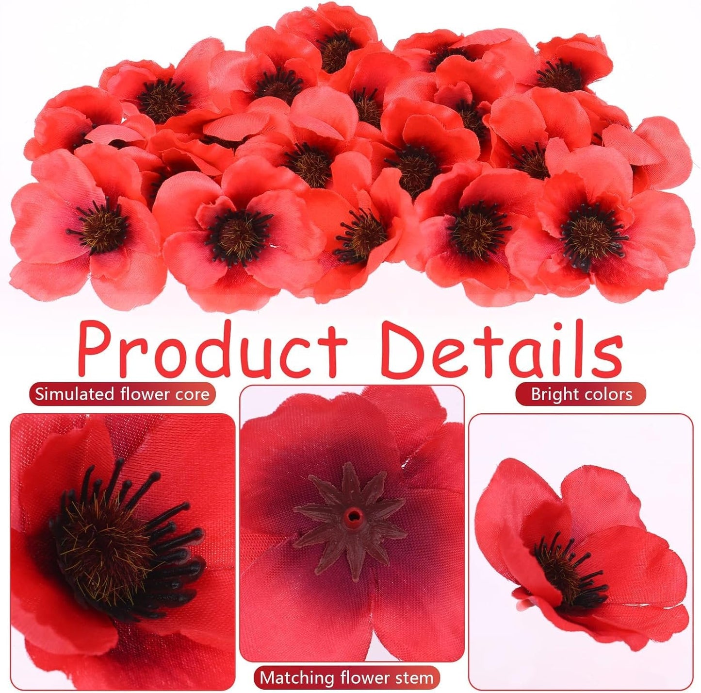 Set of 150 Red Poppy Artificial Flowers Fake Flowers Poppies Head Fake Wildflowers with 6 Inch Flower Branch for Memorial Veterans Day Remembrance Sunday Bouquet Corsages Home Kitchen Decor