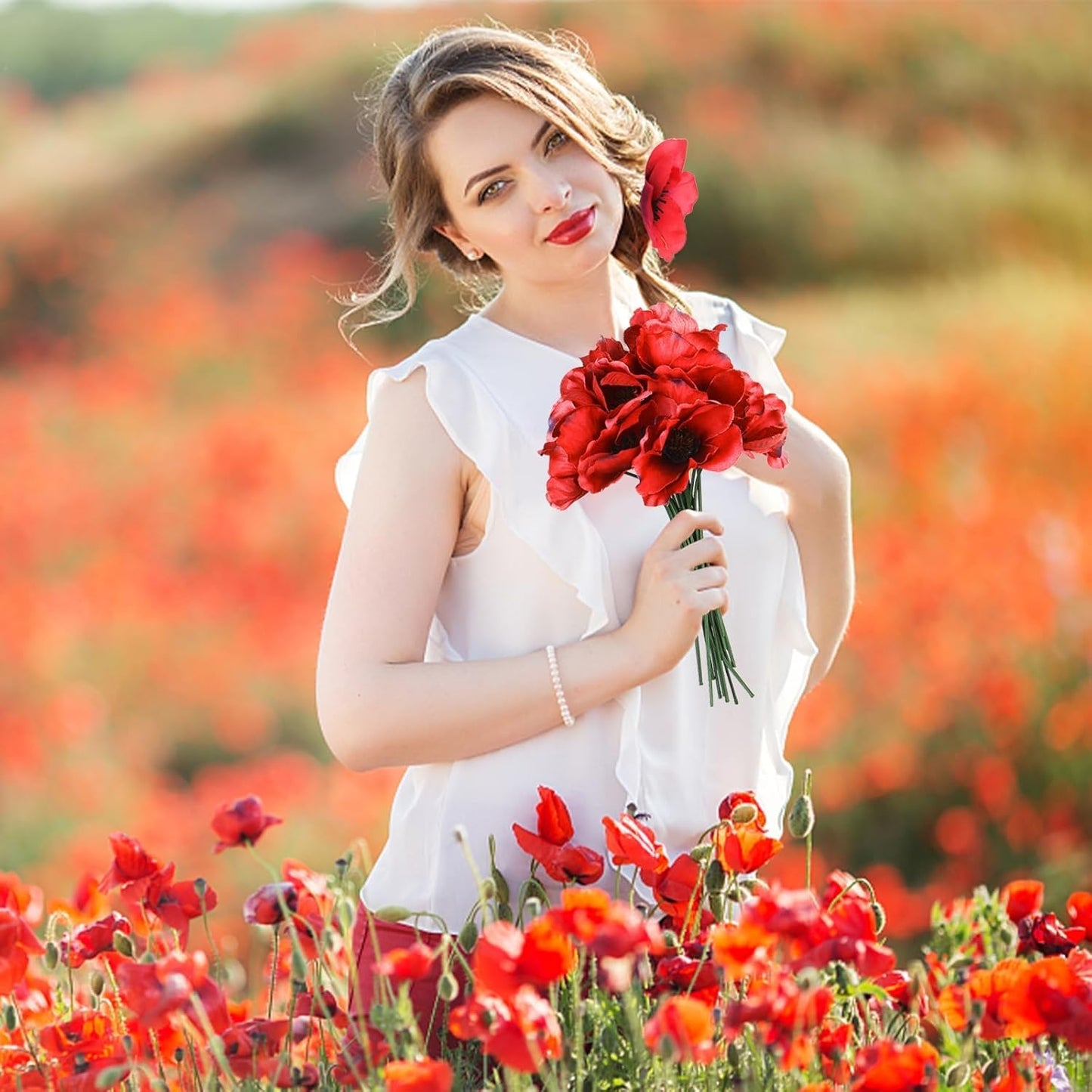 Set of 150 Red Poppy Artificial Flowers Fake Flowers Poppies Head Fake Wildflowers with 6 Inch Flower Branch for Memorial Veterans Day Remembrance Sunday Bouquet Corsages Home Kitchen Decor