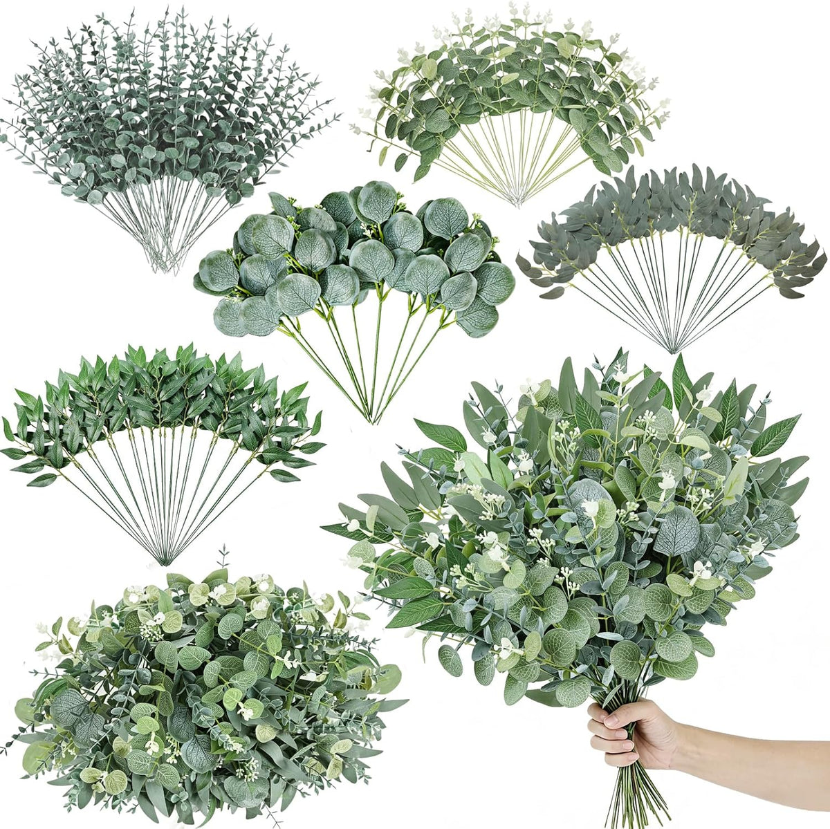 120 Pcs Mixed Artificial Eucalyptus Stems Green,Realistic Design