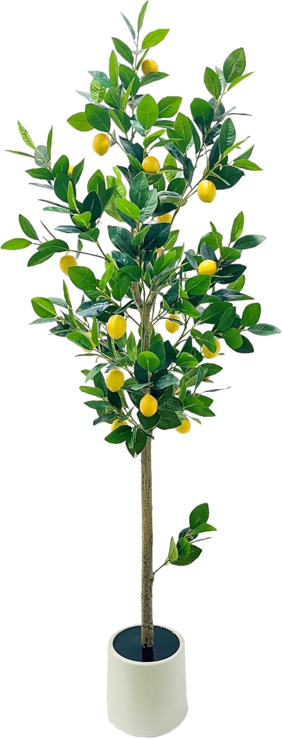 5FT Artificial Lemon Tree with 20 Faux Lemons in White Pot – Tall Silk Plant for Indoor Home, Office, Garden – Single Trunk with Triple Small Limbs Alternative