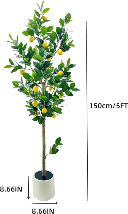 5FT Artificial Lemon Tree with 20 Faux Lemons in White Pot – Tall Silk Plant for Indoor Home, Office, Garden – Single Trunk with Triple Small Limbs Alternative