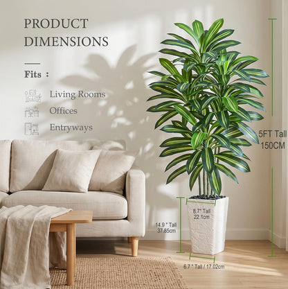 Artificial Dracaena Tree 5FT - Fake Tree with White Tall Planter - Artificial Plant for Living Room Indoor, Tall Faux Yucca Potted Tree for Home Office Decor