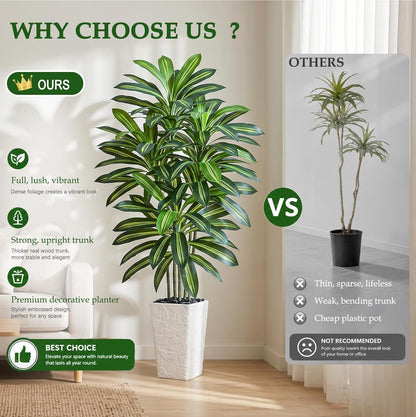 Artificial Dracaena Tree 5FT - Fake Tree with White Tall Planter - Artificial Plant for Living Room Indoor, Tall Faux Yucca Potted Tree for Home Office Decor