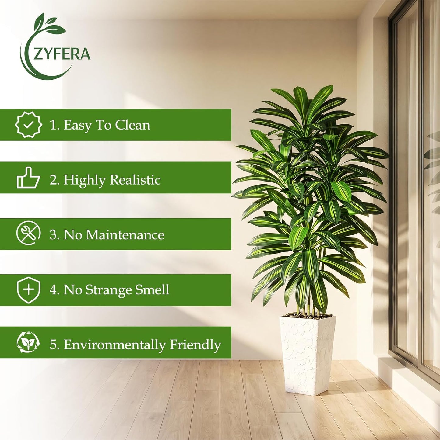 Artificial Dracaena Tree 5FT - Fake Tree with White Tall Planter - Artificial Plant for Living Room Indoor, Tall Faux Yucca Potted Tree for Home Office Decor
