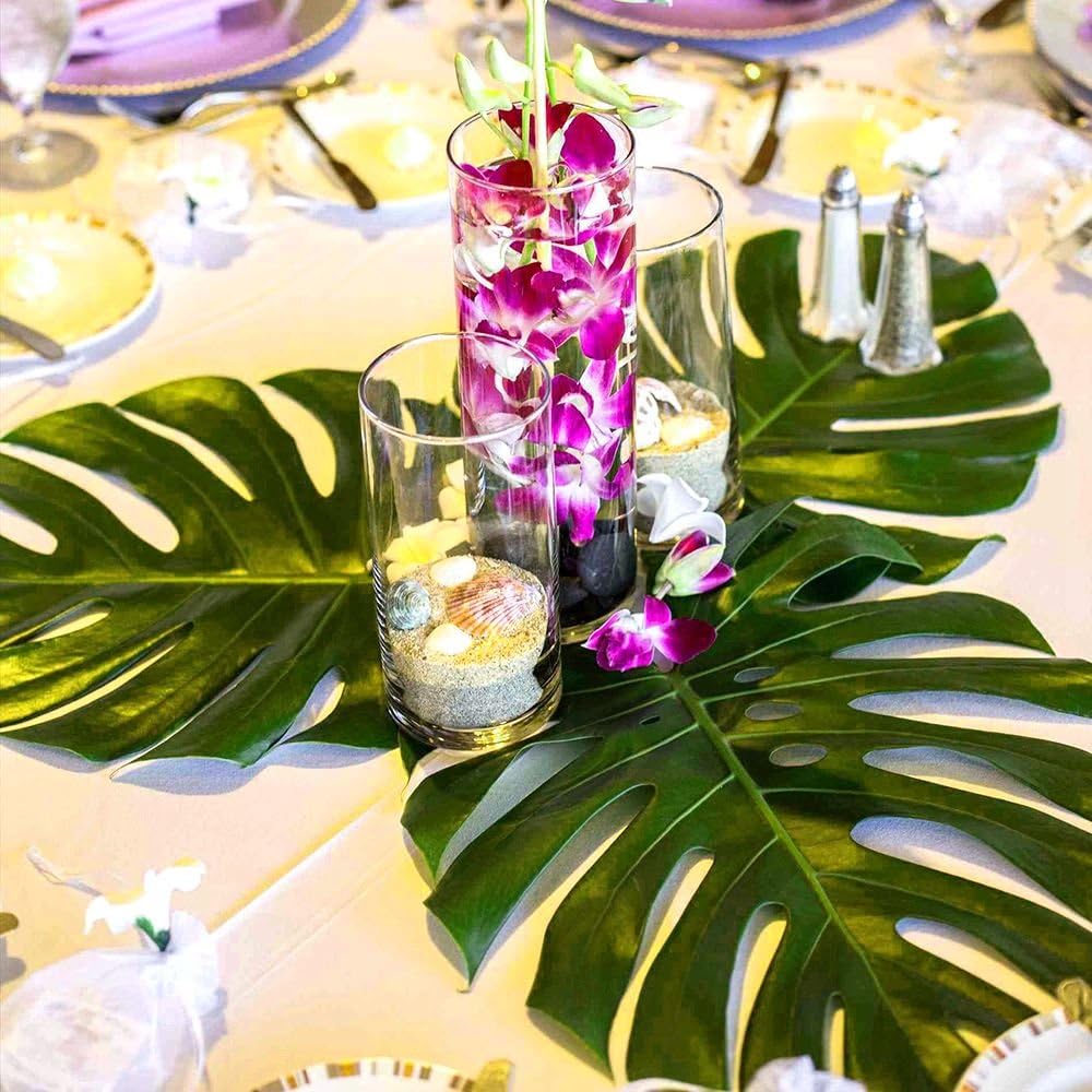60 Pcs Large 13" Tropical Leaves Artificial Green Monstera Leaves Palm Leaf for Luau Party Hawaiian Aloha Tiki Theme Safari Jungle BBQ Birthday Party Decoration Supplies