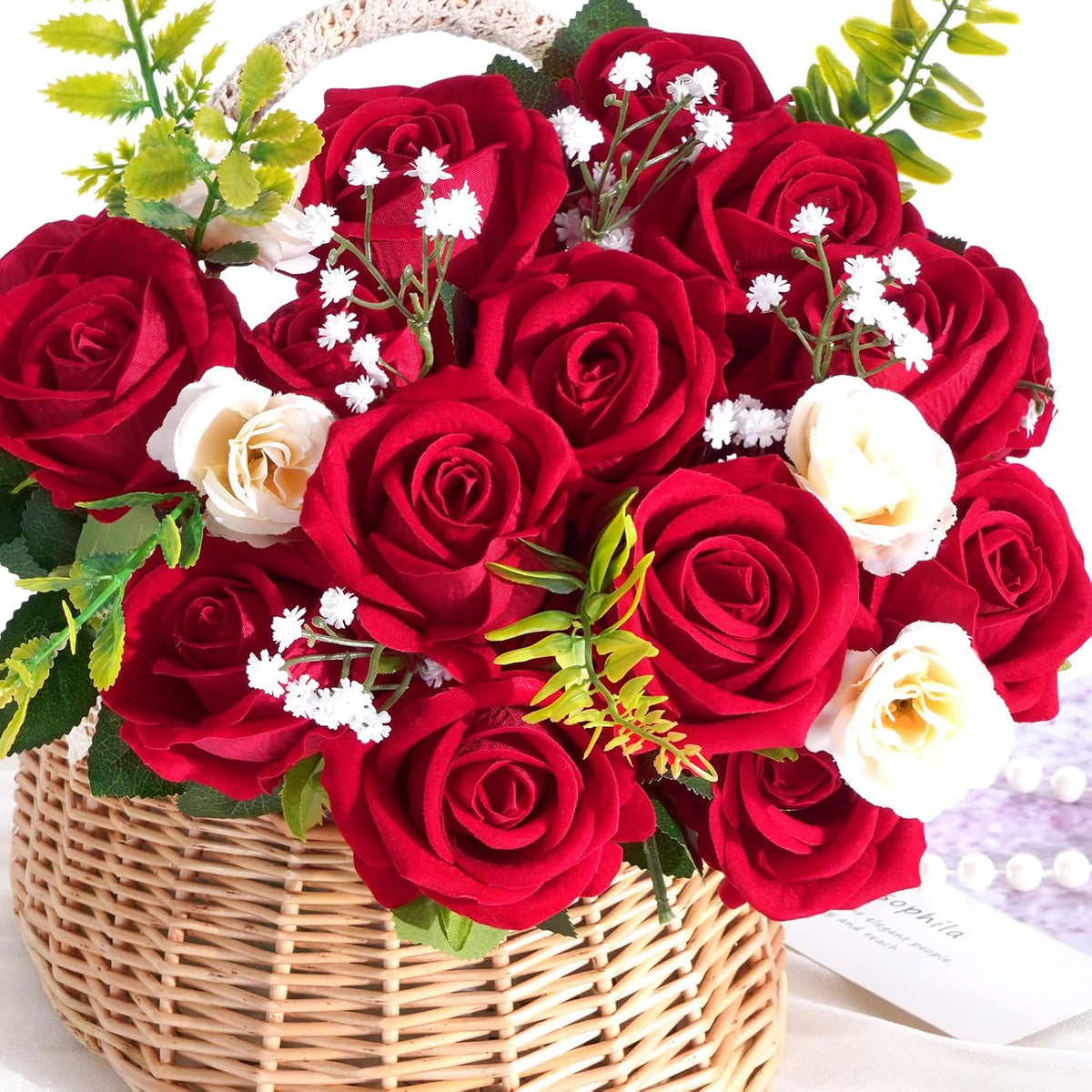 Red Roses Artificial Flowers, Real Touch Velvet Fake Roses Bouquet