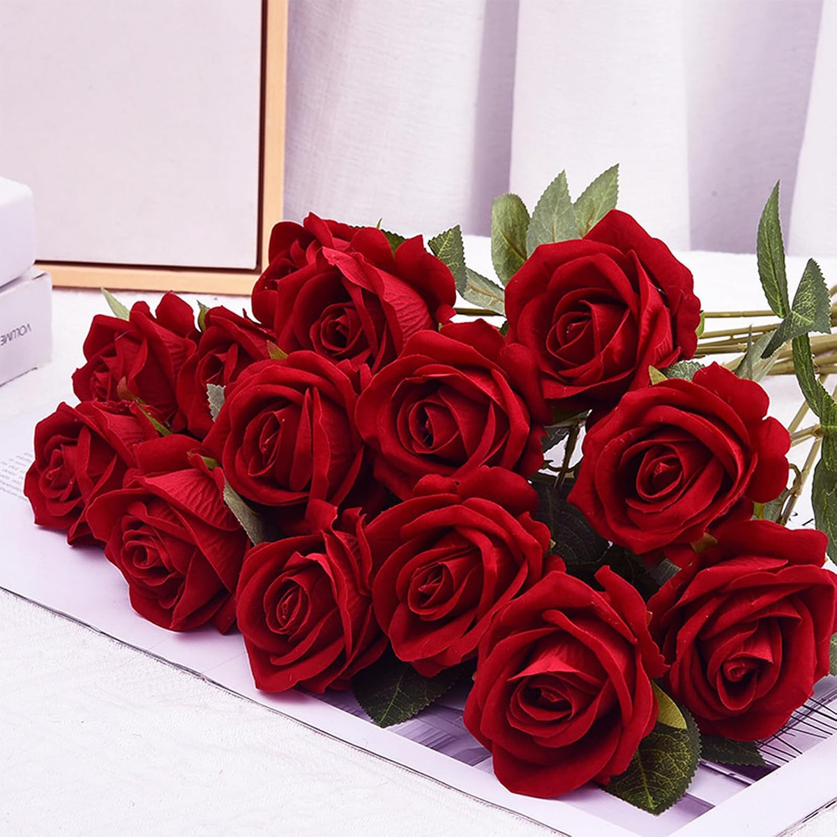 Red Roses Artificial Flowers, Real Touch Velvet Fake Roses Bouquet
