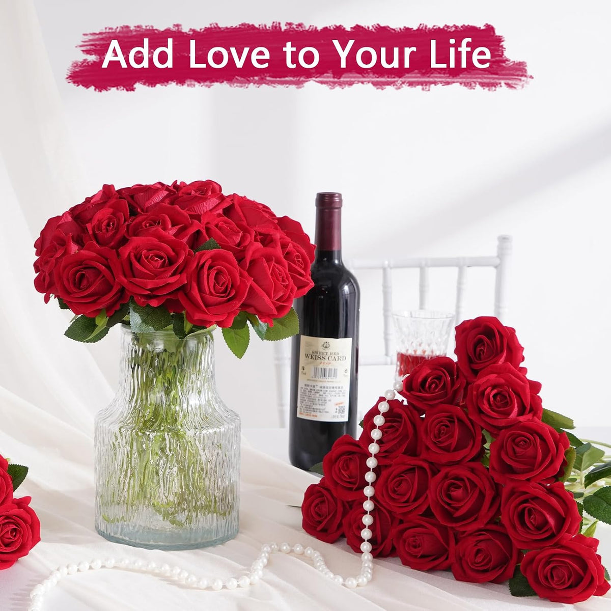 Red Roses Artificial Flowers, Real Touch Velvet Fake Roses Bouquet